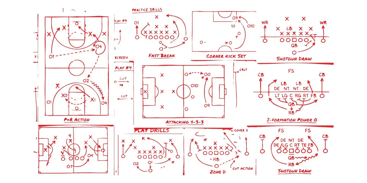 Hand-drawn plays and formations on a whiteboard